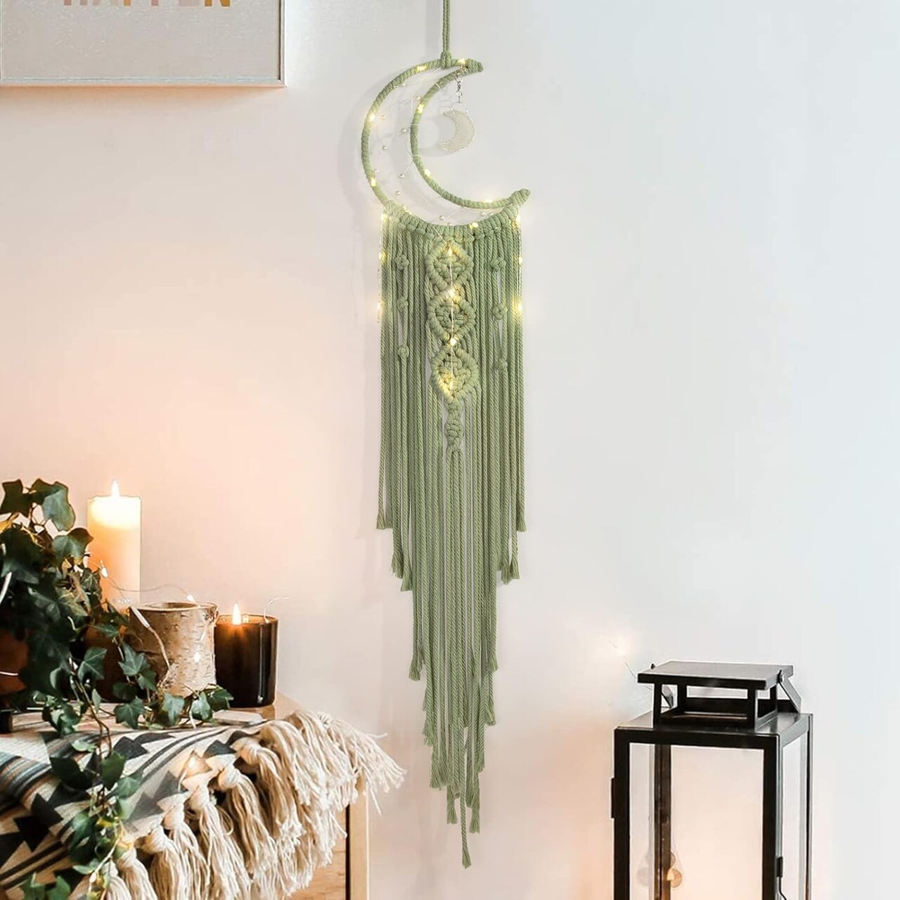 Handmade Boho Macrame Wall Hanging – Green Crescent Moon & Star Dreamcatcher with Long Tassels, Crochet Cotton Bohemian Decor for Nursery, Kids’ Bedroom, or Dorm Room